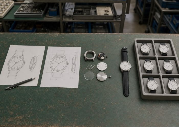A flowchart showing the five steps of the OEM watch manufacturing process: Design, Drawing, Sample, Revision, Production.