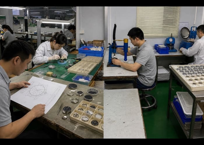 A flowchart showing the streamlined OEM watch manufacturing process from design to shipment