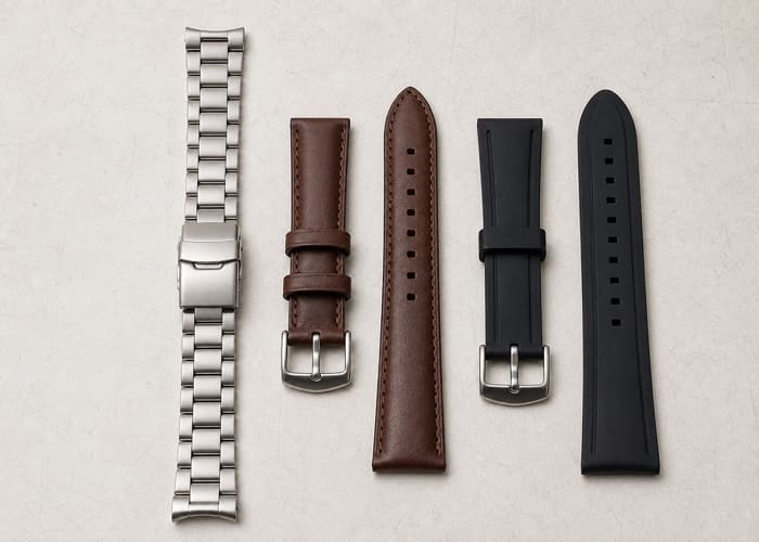 A display of various men's watch straps, including a stainless steel bracelet, a brown leather strap, and a black silicone band.