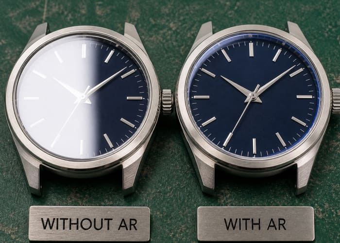 A split-screen image showing a watch dial with and without an AR coating to demonstrate the reduction in glare.