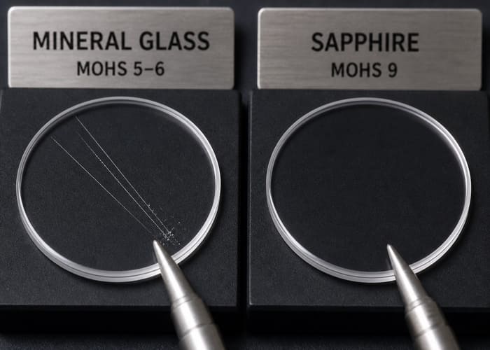 A comparison diagram showing the scratch resistance of mineral glass versus sapphire crystal case options.