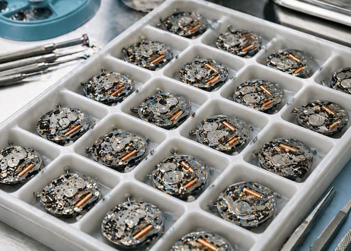 A tray of Japanese automatic low MOQ watch movements being prepared for assembly in a factory.