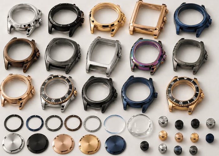 Exploded view of a multi-part watch case
